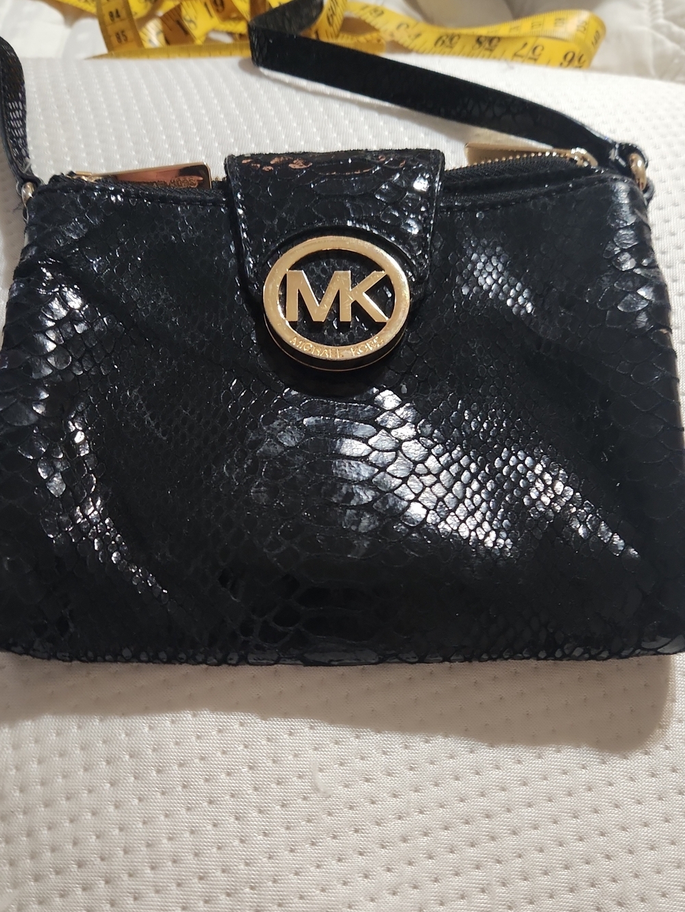 Michael Kors Black Patent Python-Embossed Crossbody with Gold MK Emblem